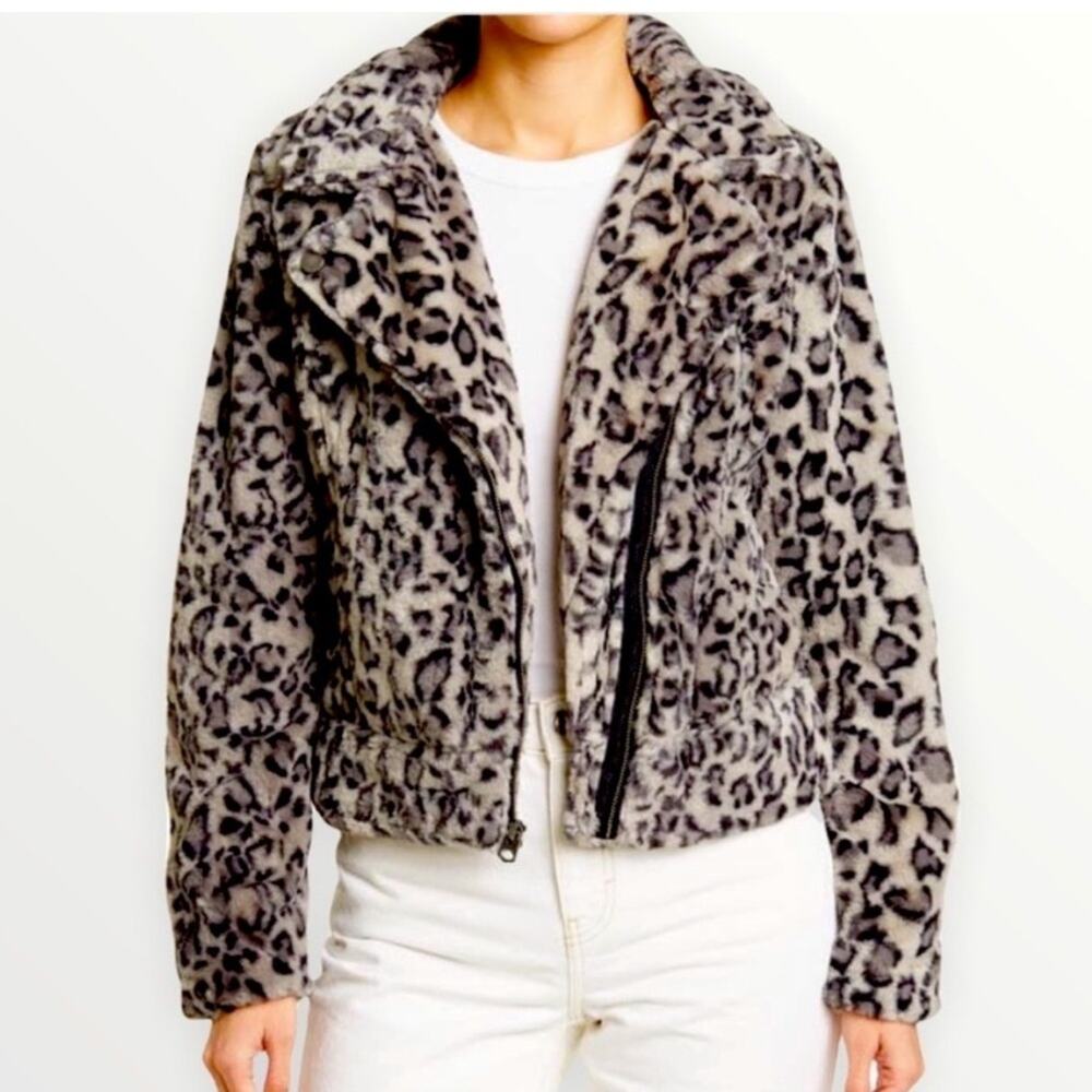 Lucky Brand snow leopard fur moto bomber jacket size large
